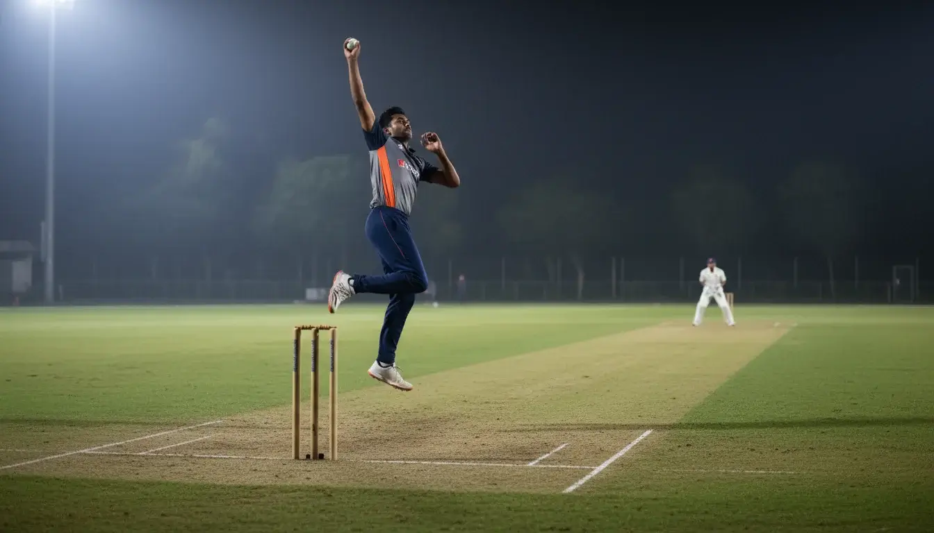 Cricket-Spieler beim Bowling waehrend eines Abendspiels mit erleuchteten Anzeigetafeln