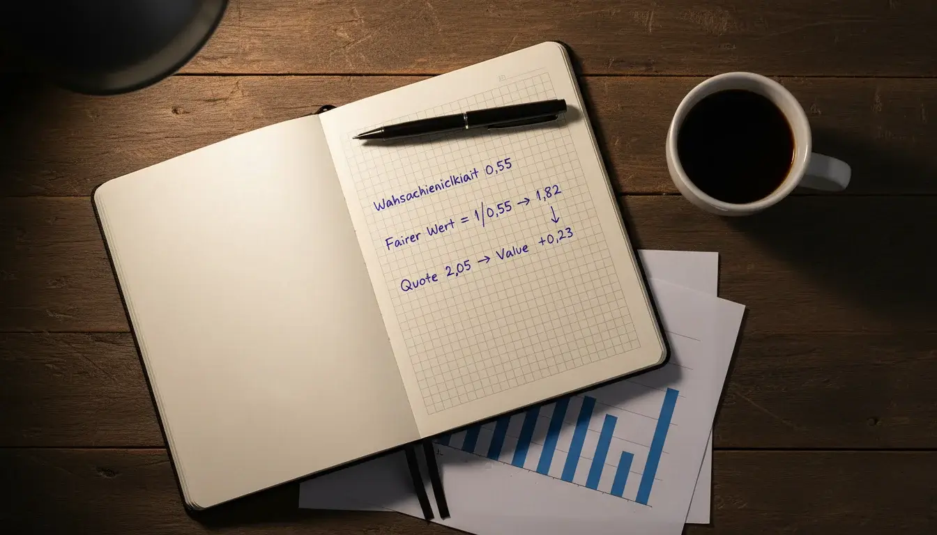 Notizblock mit handschriftlicher Quotenberechnung und Stift auf einem Schreibtisch