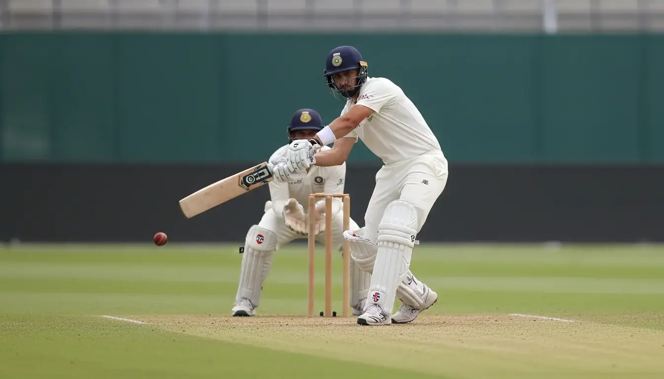 Cricket-Spieler in weisser Kleidung beim Schlag auf einem gruenen Rasenfeld