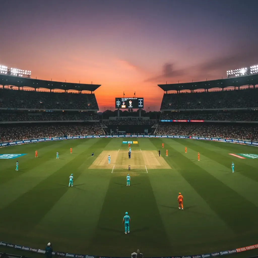 Volles Cricket-Stadion bei einem internationalen Turnierspiel mit Zuschauern und Flutlicht
