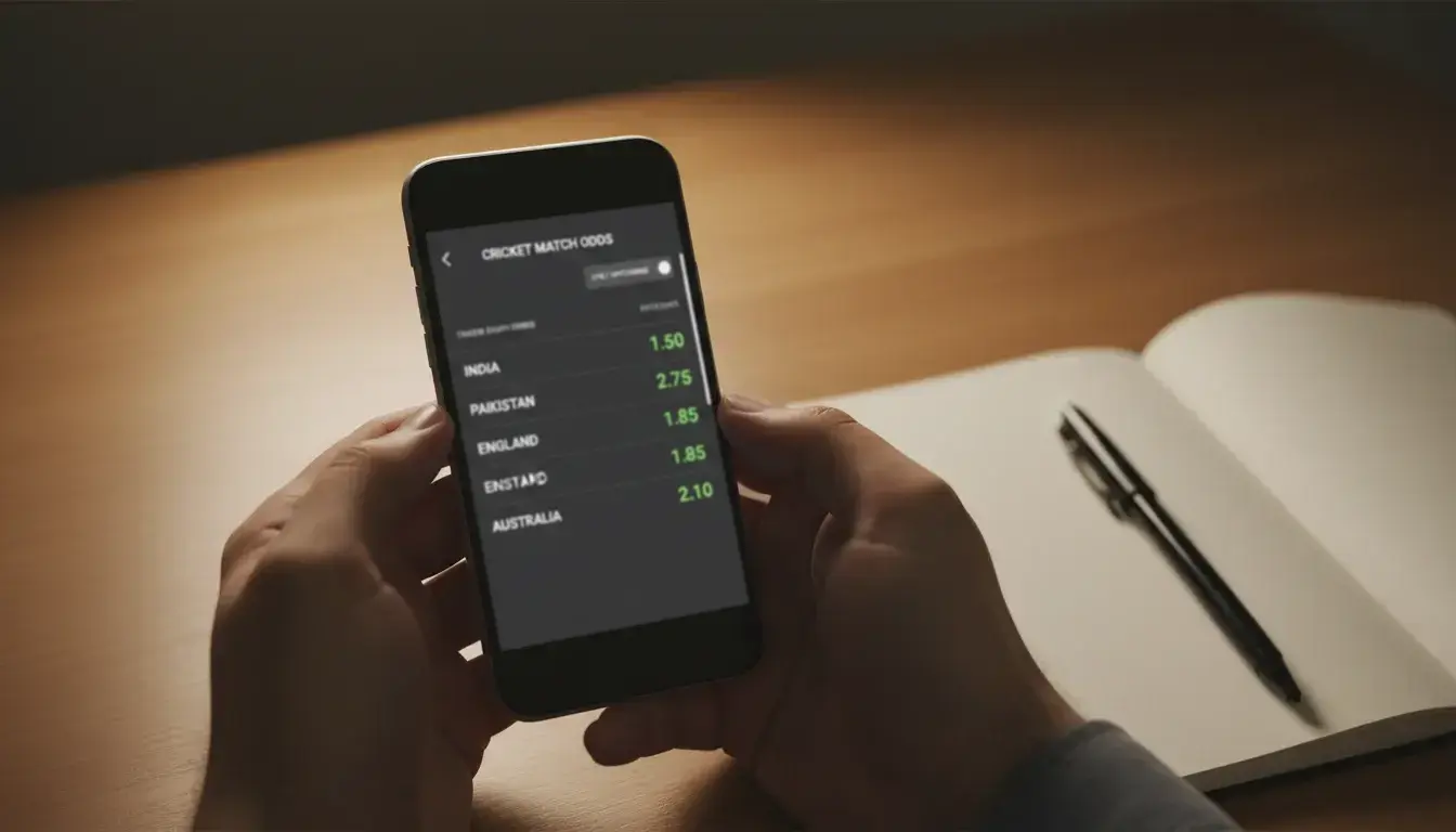 Wettbuero-Bildschirm mit Cricket-Quoten und Wettmaerkten